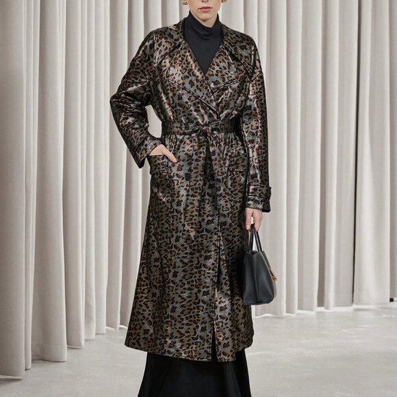 Multicolor Elegant Women's Leopard Print Faux Leather Trench coat / Jacket - Picture 6 of 8